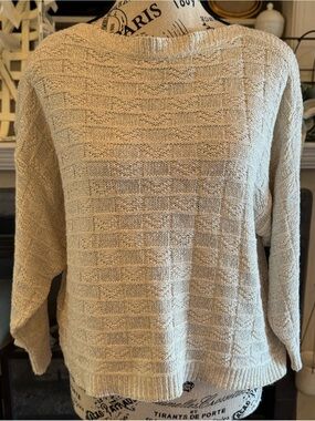 Vintage 90s Parrinello Sweater Lightweight Ivory Metallic Silver Cropped Sleeves